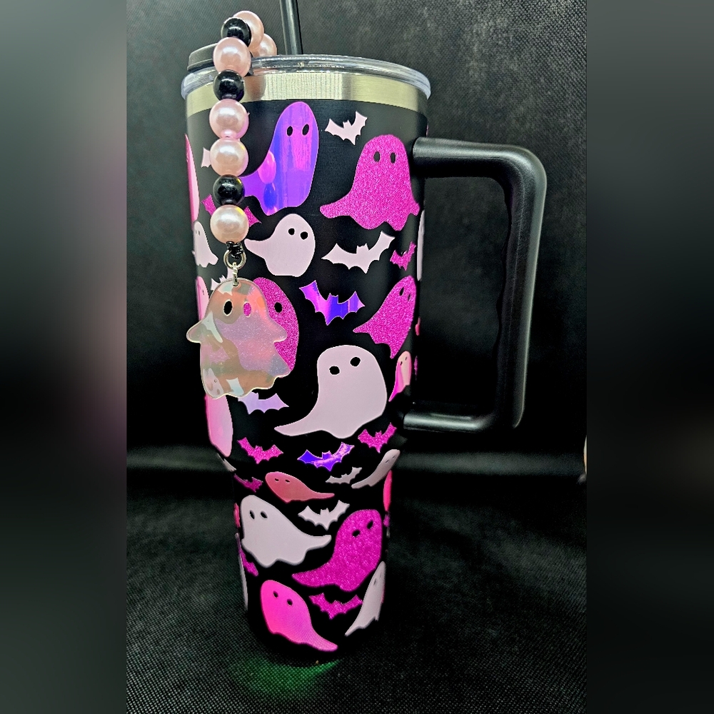 Drinking Cup, Travel Tumbler, pink ghost boo halloween cold cup, MTO - Picture 7 of 7